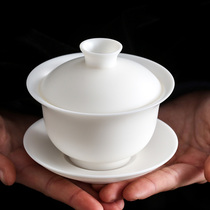 Dehua pure white porcelain three-cai cover bowl Single teacup small household vegetarian ceramic sheep fat jade Kung Fu tea handmade