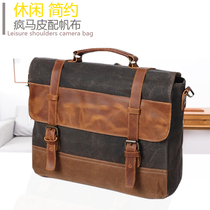 Casual shoulder mens bag waterproof oil wax canvas with cowhide briefcase European vintage belt buckle Hand bag worn