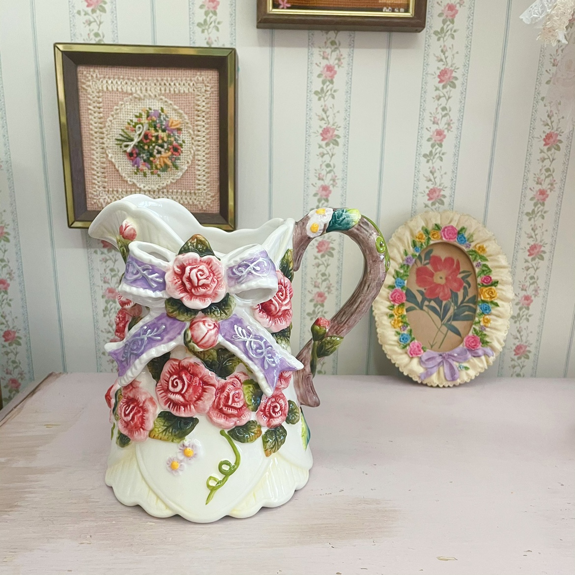 Pan-pan vintage | vintage | retro-flour-colored rose colored rose silk with ceramic vase water drying kettle-Taobao