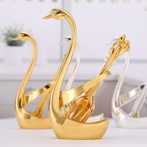 Brand Eurostyle Coffee Small Spoon Son Fruit Fork Suit Creativity Cute Swan Rack Safe Metal Home Cake