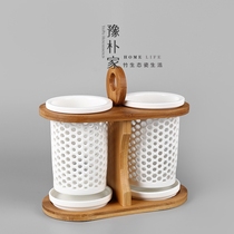 Japan-style ceramic chopstick cylinder Han style hollowed chopstick cylinder double cylinder chopstick holder simple drain chopstick box chopstick cage