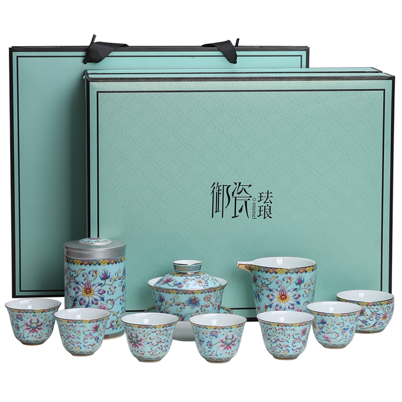 Jiangnan past colored enamel porcelain kung fu tea set suit household tureen tea cup of the tea pot of a complete set of gift boxes