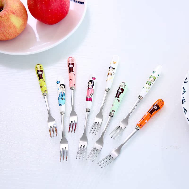 Creative lovely ceramic handle three teeth small children to eat fruit fruit fork fork household stainless steel fruit to sign