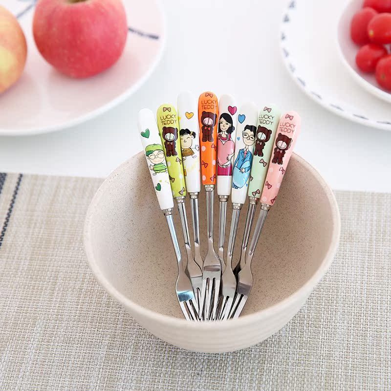 Creative lovely ceramic handle three teeth small children to eat fruit fruit fork fork household stainless steel fruit to sign