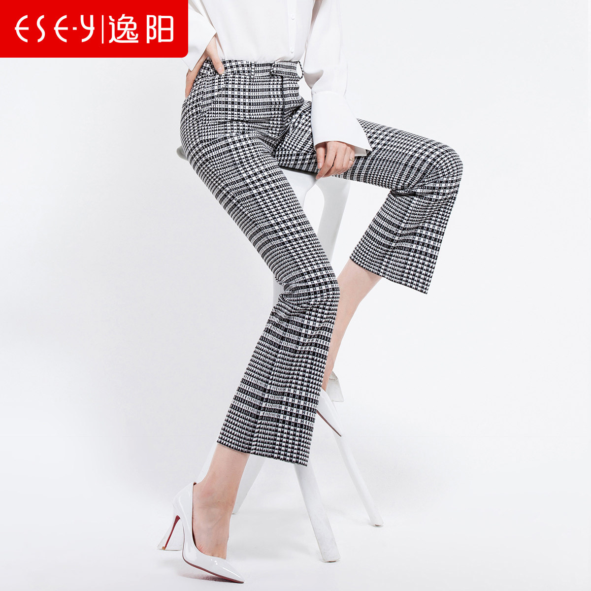 逸阳女裤2018春季新款休闲微喇格子裤女韩版复古英伦九分裤潮0663_7折