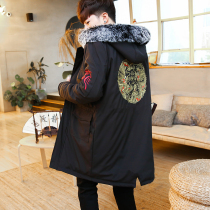 Chinese style Tang suit Chinese style mens embroidery wool collar long cotton coat winter youth