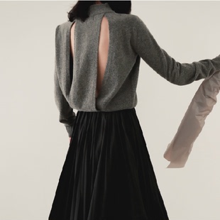 『avila』2016韩国代购秋冬款简约后背镂空针织圆领毛衣百搭针织