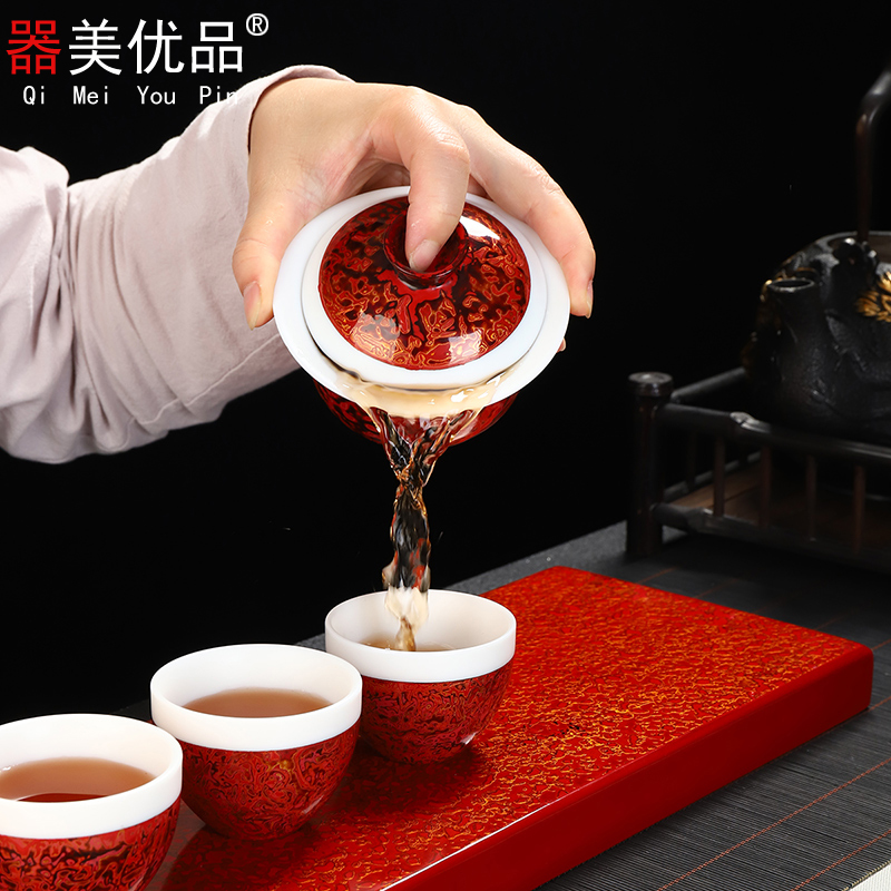 Implement the superior lacquer tea dehua ceramic high white porcelain tureen tea cups is big three bowls of Chinese style