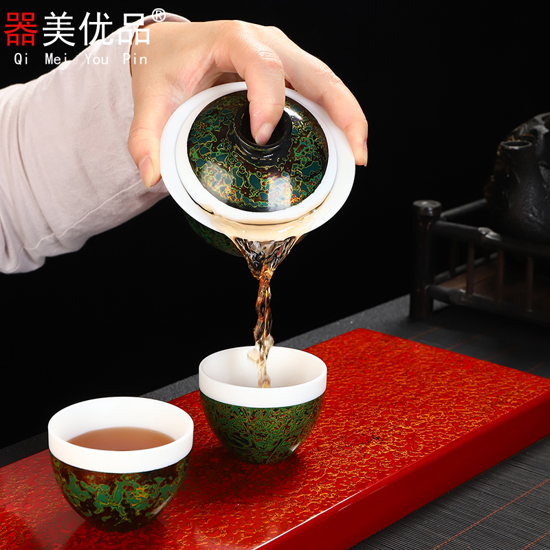 Implement the superior lacquer tea white jade porcelain tureen tea set a complete set of ceramic tea cups of making checking Chinese lacquer ware