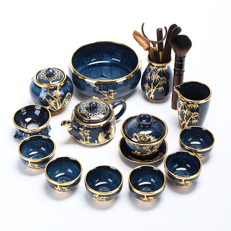 Implement the optimal product jingdezhen kung fu tea set an inset jades built lamp temmoku lid bowl cups Chinese gifts
