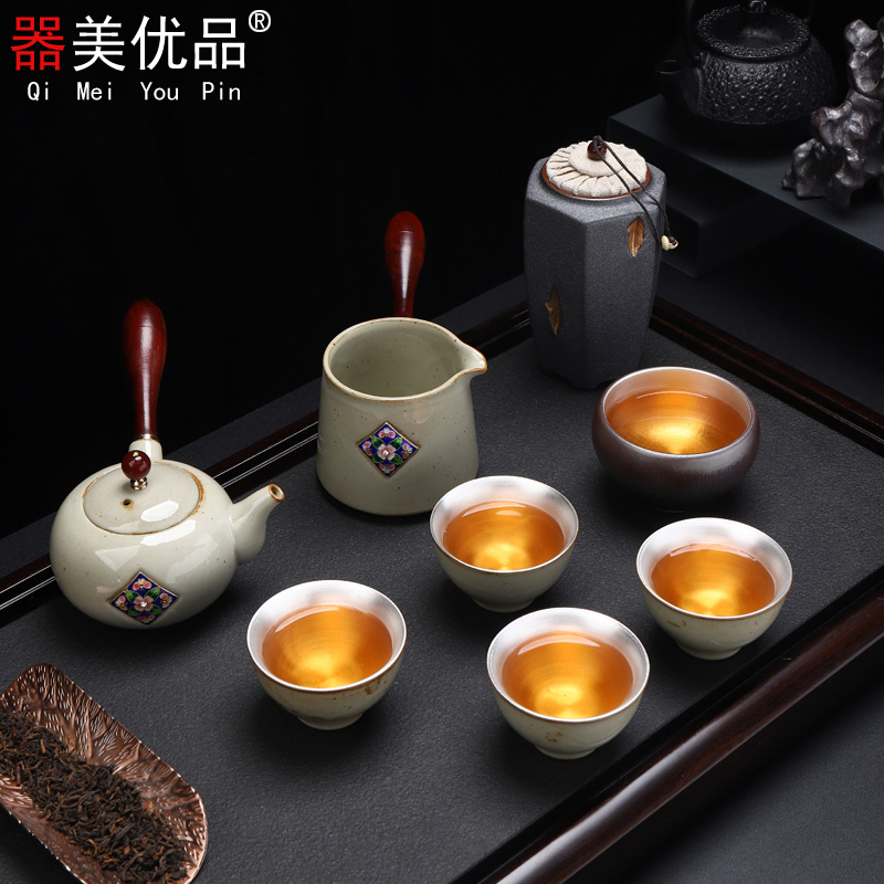 Implement the superior new silver tea set sterling silver 999 from the household of a complete set of manual tasted silver gilding ceramic cups