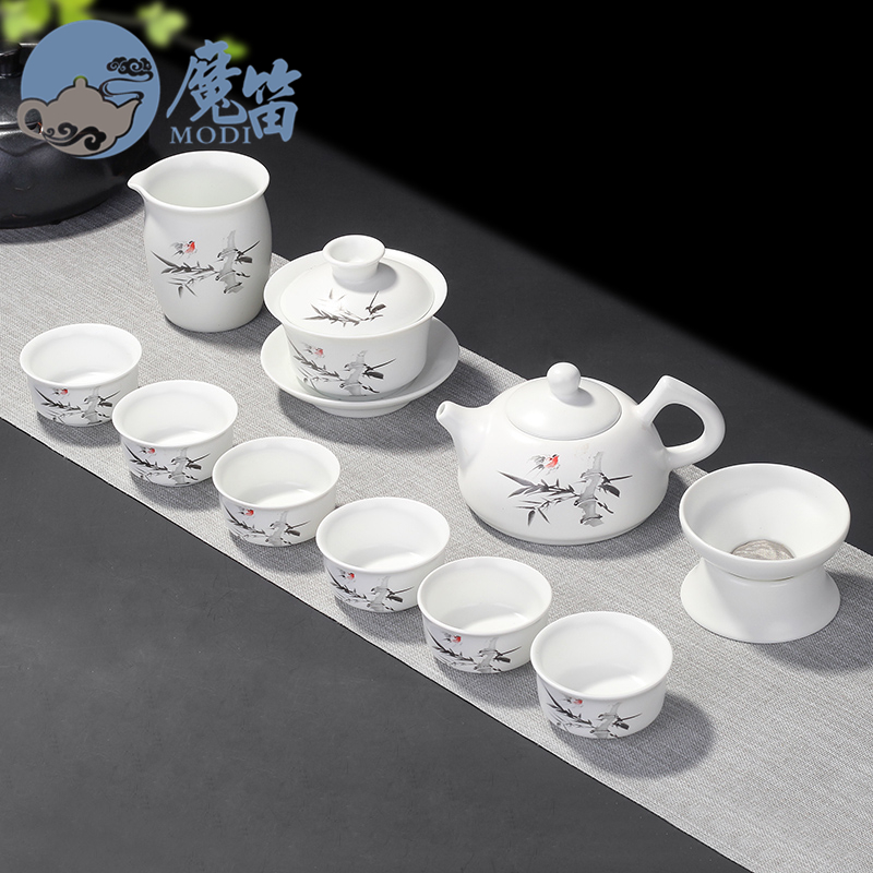 The flute dehua white porcelain household kung fu tea set simple set of ceramic teapot teacup of a complete set of office