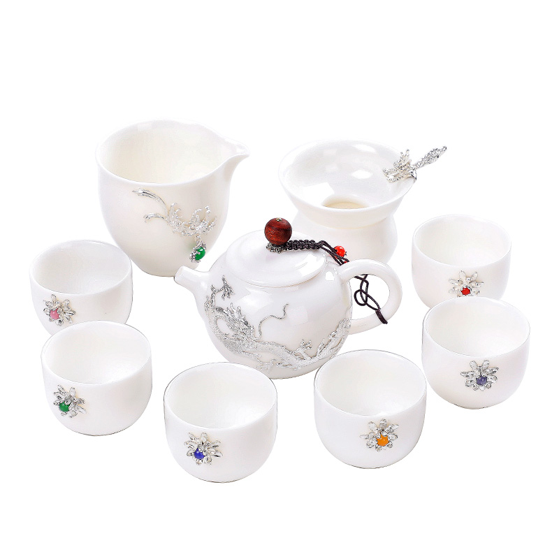 F the who contracted white porcelain kung fu tea set ceramic teapot teacup box of a complete set of creative household with silver