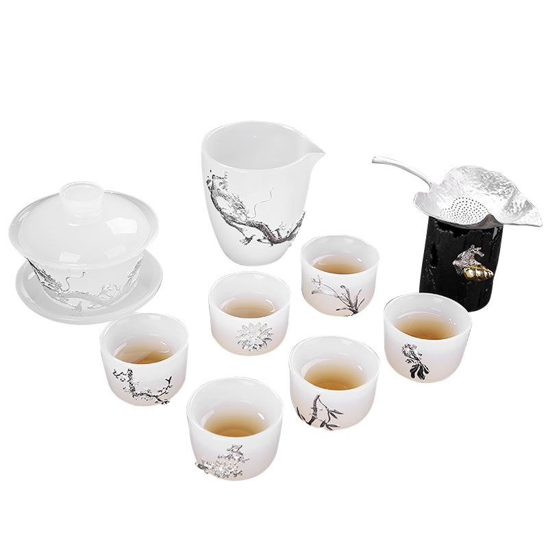 F belong tea set suit household ceramics creative white jade porcelain inlay silver kung fu tea set a complete set of tea cups gift box