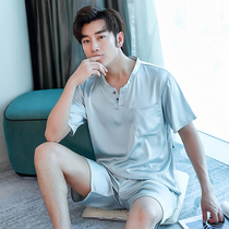 Ice silk pajamas mens summer thin short-sleeved shorts silk silk summer Korean youth loose mens home clothes