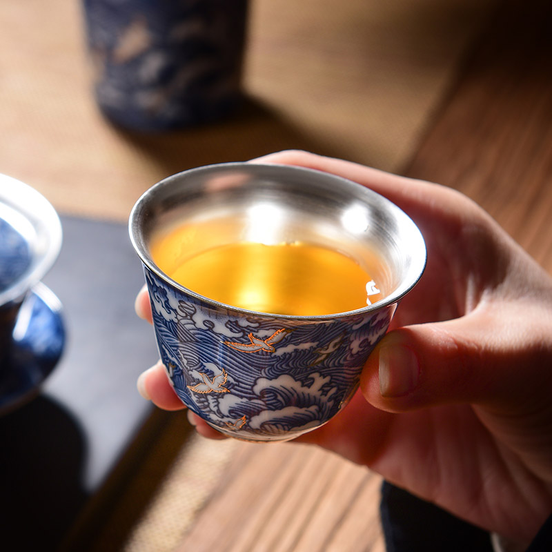 Jingdezhen blue and white porcelain enamel coppering. As silver tea set household ceramics kung fu tea tureen teapot gift boxes