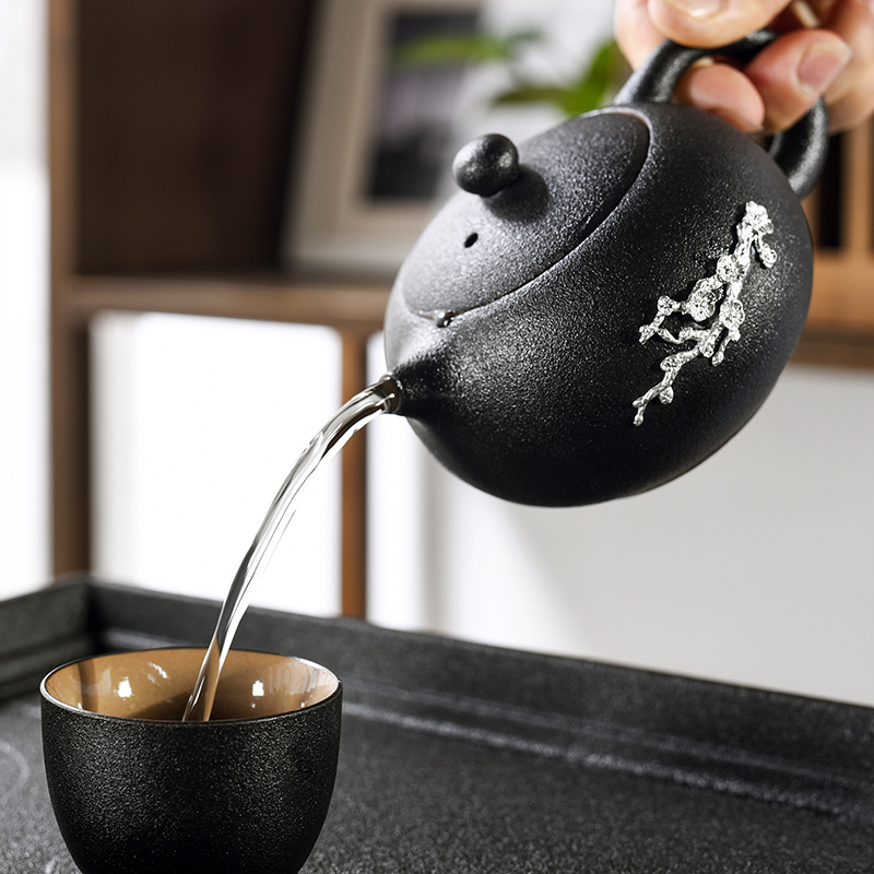 Japanese manual black pottery teapot single pot of ceramics with tin, xi shi pot of kung fu tea tea teapot coarse pottery