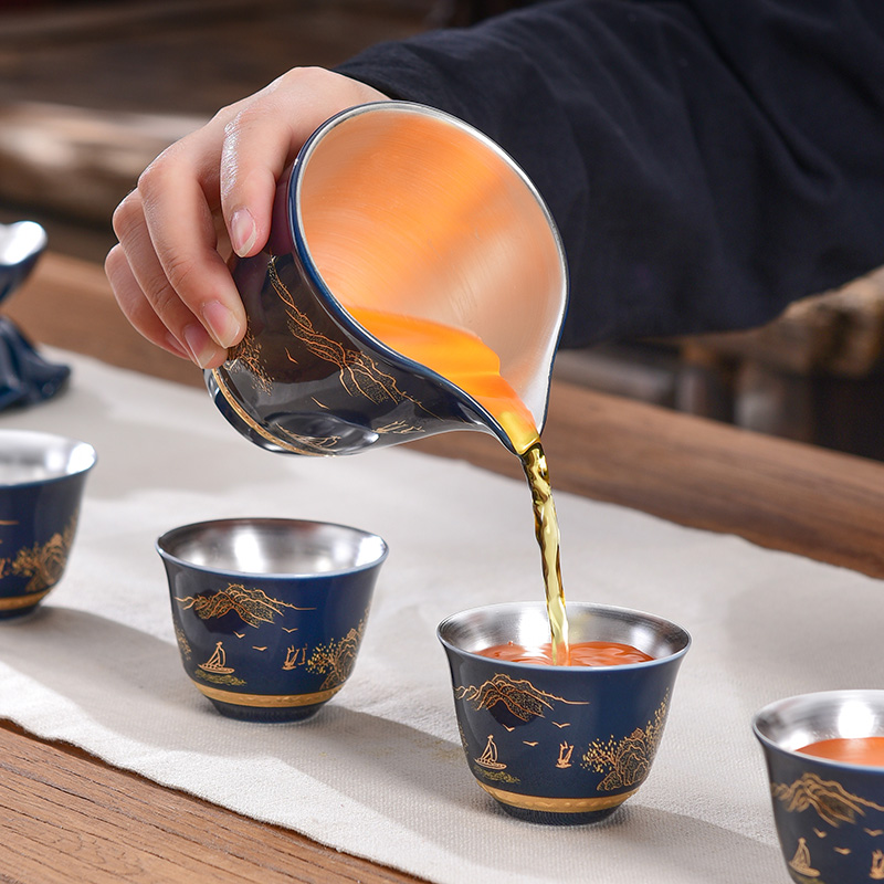 Jingdezhen porcelain enamel coppering. As silver tea set household kung fu with silver cup lid bowl of a complete set of gift box