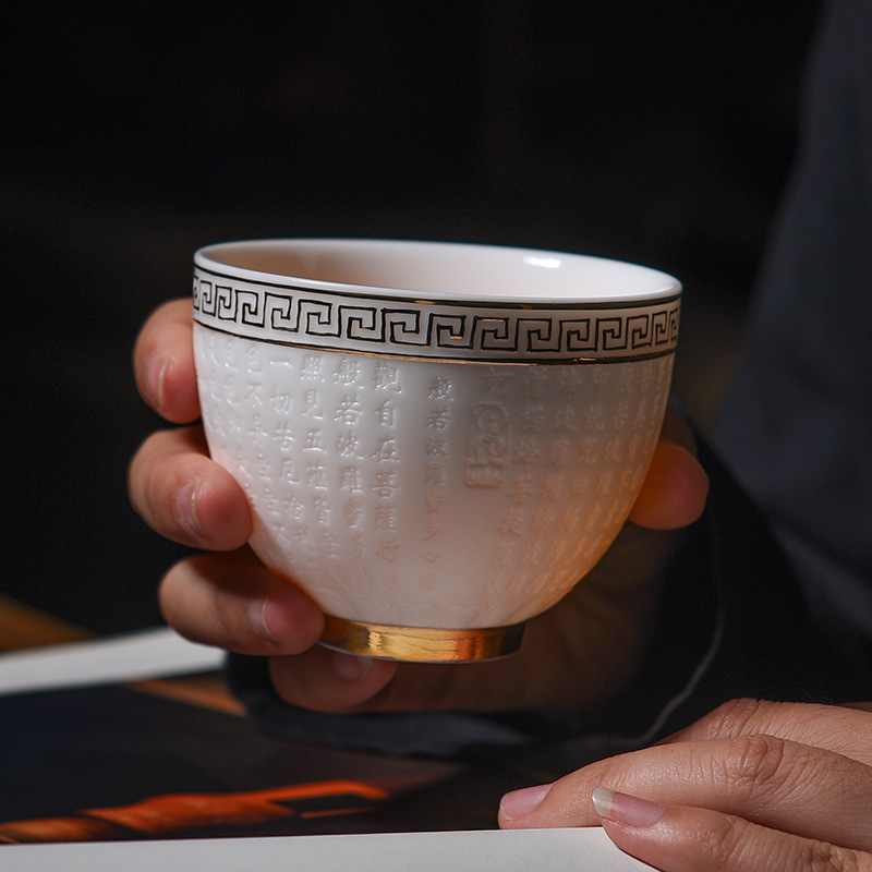 Dehua white porcelain heart sutra of master cup checking ceramic jade porcelain teacup paint sample tea cup tea cup, meditation cup