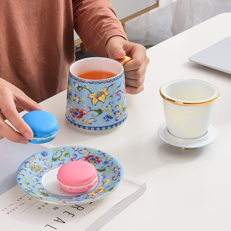 Jingdezhen colored enamel porcelain cups with cover glass tea cup male ms office filtering cup tea separation