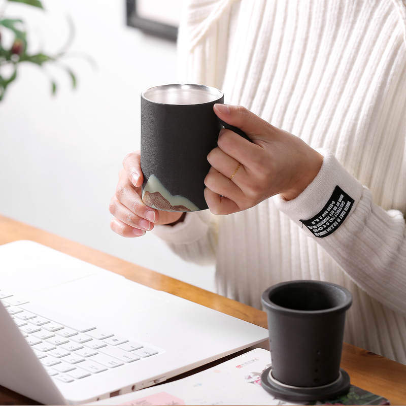 Creative silver cup 999 sterling silver office separation filter cups with cover glass ceramic tea cup men 's and women' s cup