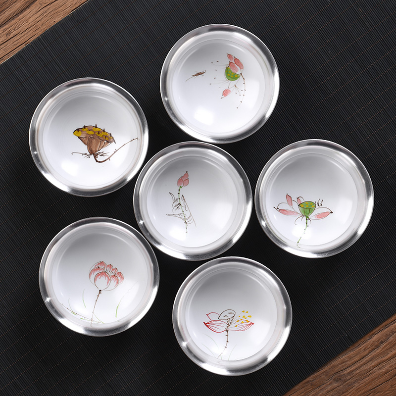 Coarse pottery hand - made teacup masters cup manually tasted silver cup 999 sterling silver gilding kung fu tea bowl sample tea cup single CPU
