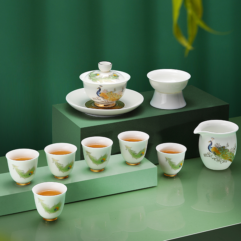 Dehua suet jade white porcelain tea set gift box home office colored enamel kung fu tea cup high - grade tea tureen