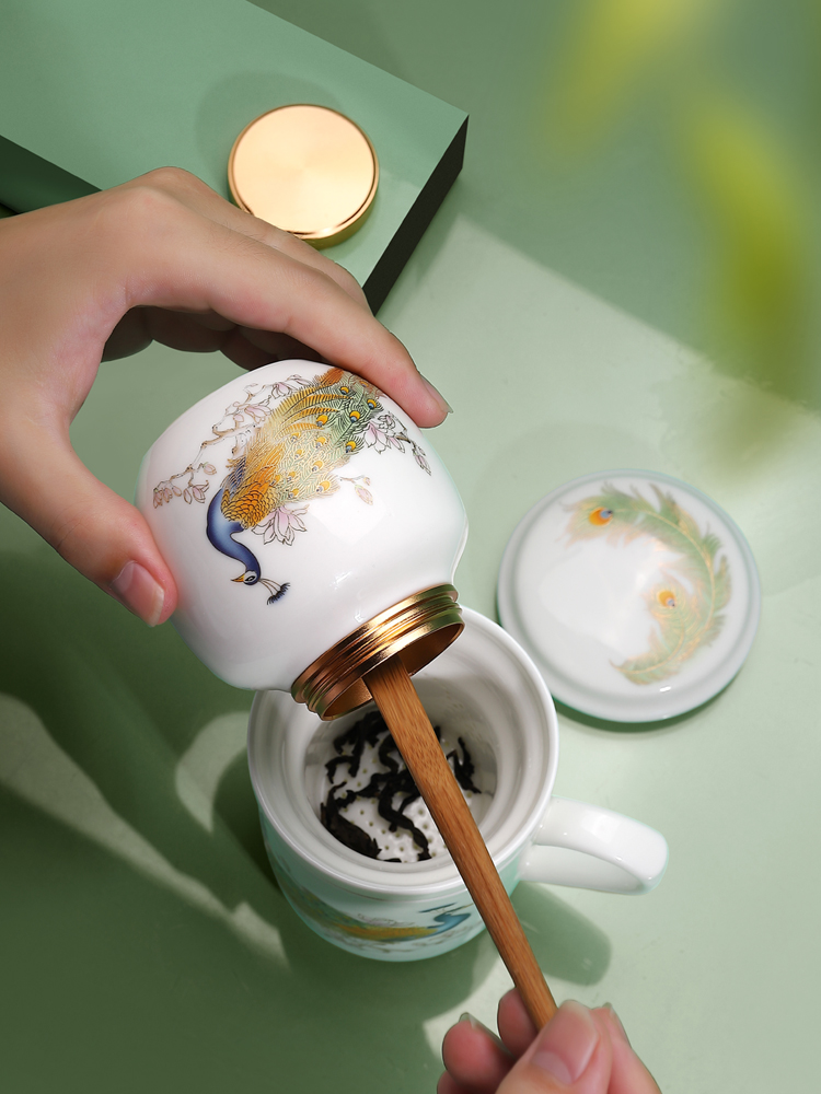 Chinese wind glass ceramic colored enamel peacock filter glass tea cup home office personal special gift box