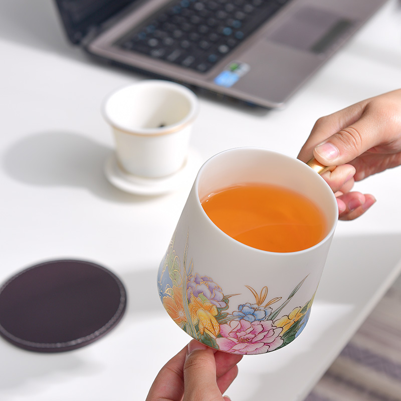 Dehua white porcelain teacup separation suet jade glass tea cup cup tea cups with cover ceramic creative office