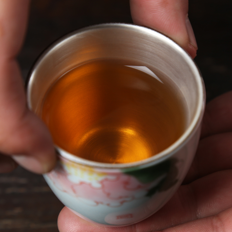 Jingdezhen manual hand - made teacup silver cup silver 999 authentic kung fu tea tasted silver gilding sample tea cup tea cup