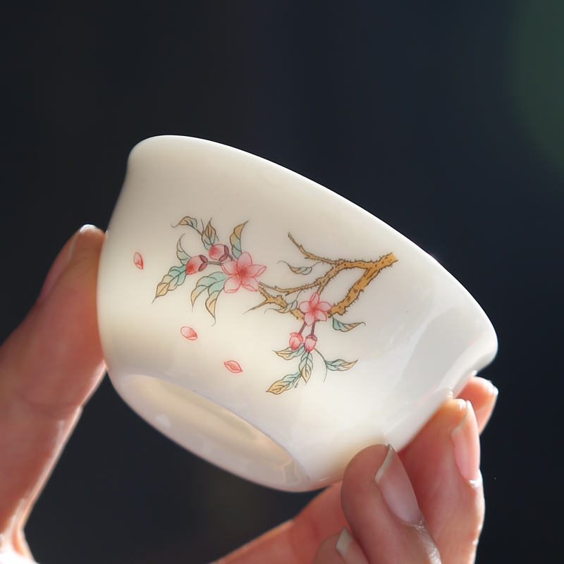 Suet jade white porcelain hand - made master cup plain soil checking ceramic cups single CPU kung fu tea cups