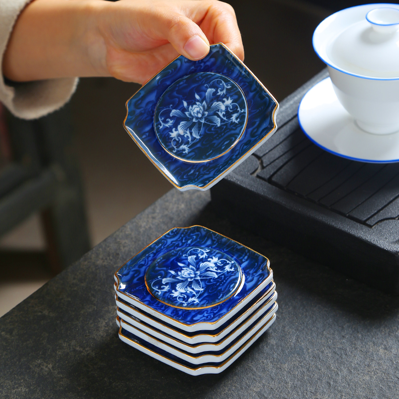Blue and white porcelain tea cups a shadow Blue cup mat heat - resistant ceramic cup mat kung fu tea tea tea zero household