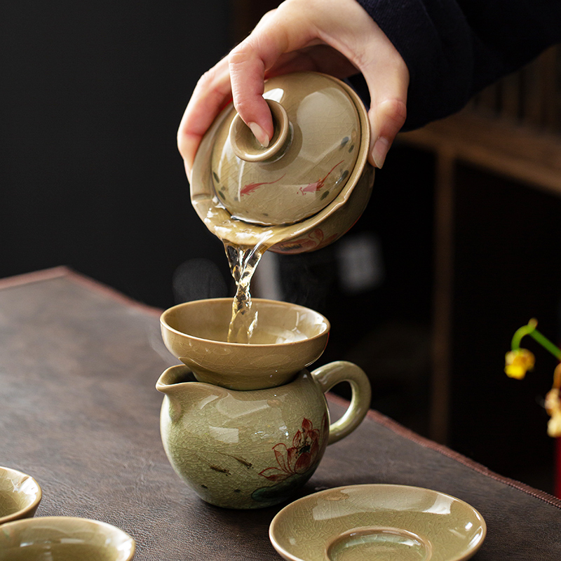 Jingdezhen hand - made lotus tureen ice cracked piece of kung fu tea set suit household contracted teapot teacup ceramics