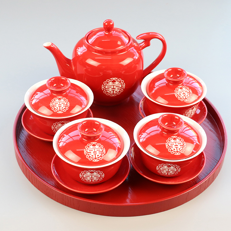 I swam to wedding suit longfeng double happiness festive red tea cups three tureen ceramic Chinese teapot