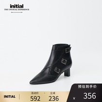 initial autumn and winter metal buckle decorative booties simple neutral cowhide leather women