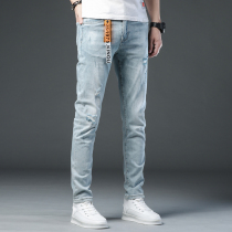 Hong Kong 2021 spring and autumn mens broken jeans light blue tide brand Joker stretch slim feet mens pants