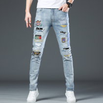 Hong Kong high-end embroidery Tide brand jeans men light color Autumn New elastic hole Europe and the Tide men slim feet