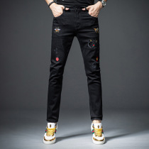 Hong Kong high-end Tide brand embroidered jeans mens black casual Korean version of the trend Joker mens pants Autumn New