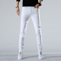 Hong Kong high-end white jeans mens summer thin stretch slim pants Korean skinny mens pants summer