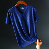 Ice silk seamless short sleeve T-shirt mens V-neck thin stretch slim top mesh sports quick-drying body shirt half sleeve