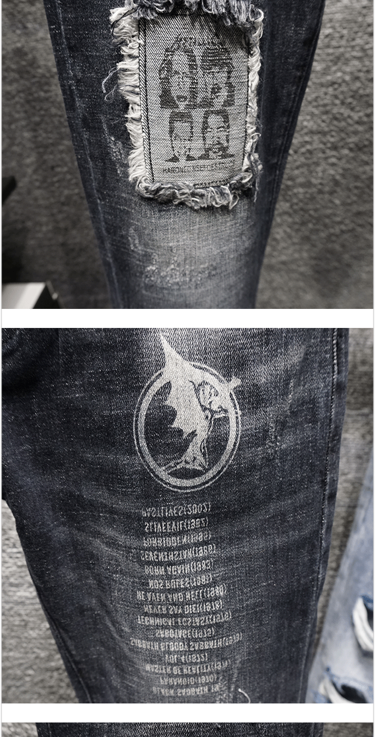 ins超火的牛仔裤男补丁贴布新款韩版时尚潮流百搭修身直筒小脚裤_5折