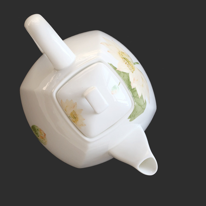 荷花 唐山骨瓷茶壶大号方形陶瓷壶过滤壶家用茶具单壶大容量水壶_7折