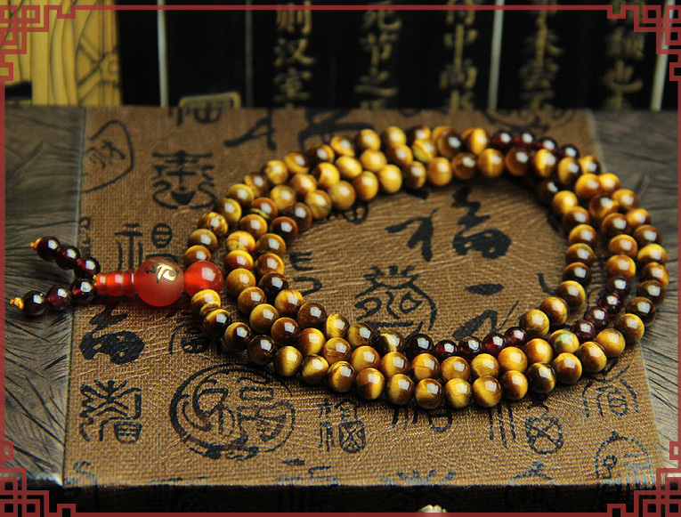 开光黄虎眼石福运珠法令手链108粒一粒红玛瑙男女款士吉祥物