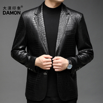 Leather leather men Haining Spring and Autumn new middle-aged leather suit jacket mens leather jacket crocodile pattern suit jacket