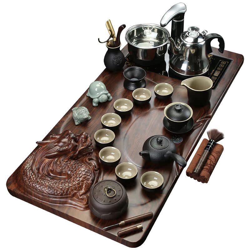 "Precious little dragon tea tray was kung fu tea set household contracted ceramic cups magnetic electric furnace solid wood tea tea taking