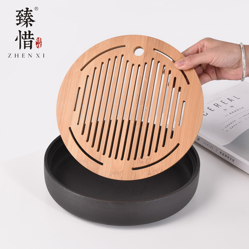 Become precious little black ceramic water drainage double with circular tea tray with simple small kung fu tea tray was dry tea table
