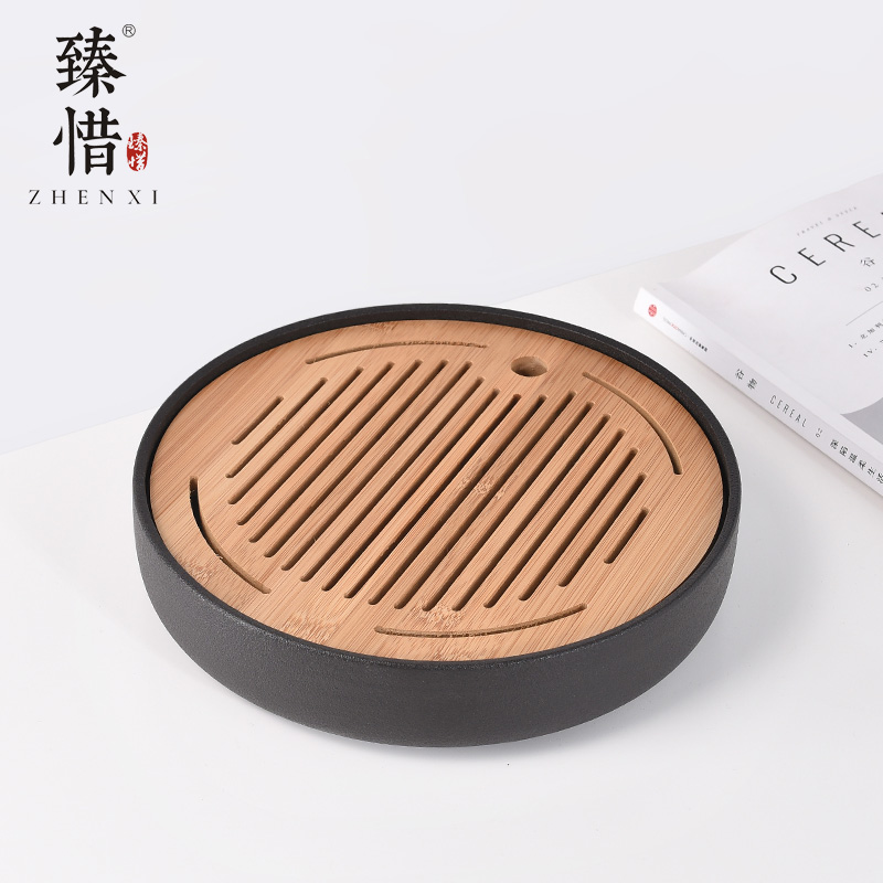 Become precious little black ceramic water drainage double with circular tea tray with simple small kung fu tea tray was dry tea table