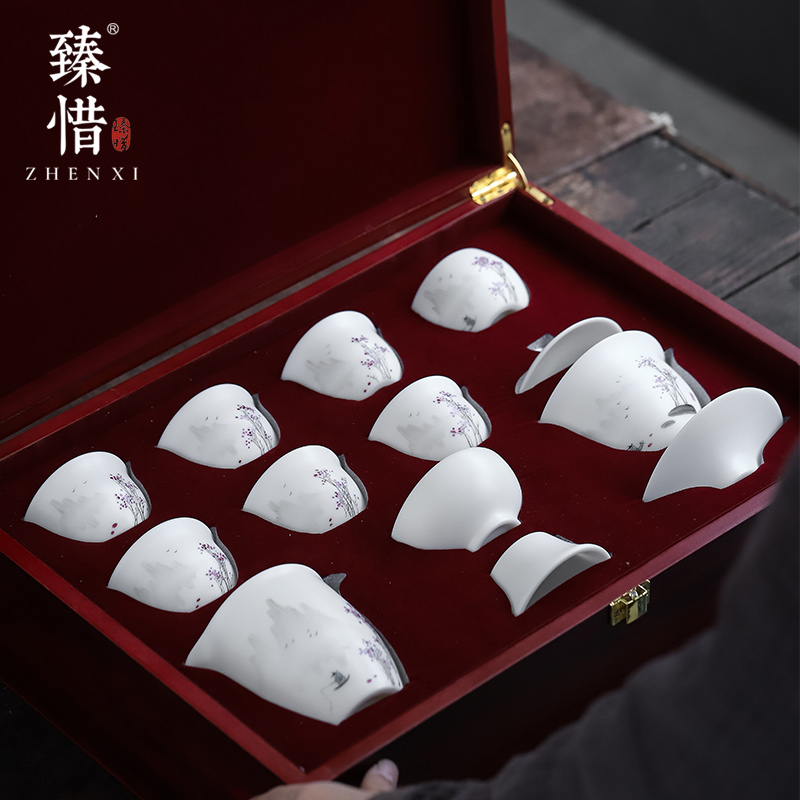 Become precious little hand - made with water up to the mountain jade suet white porcelain high - end kung fu tea set home three tureen gift box