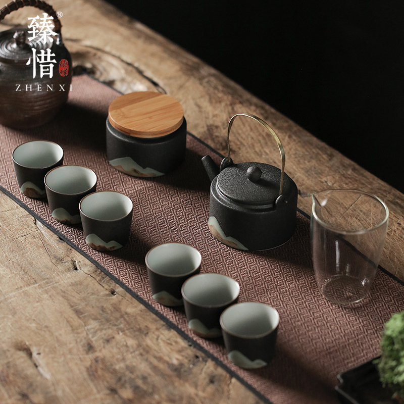 Become precious little creative mountains black ceramic kung fu tea set of household contracted dry tea tray size Japanese custom