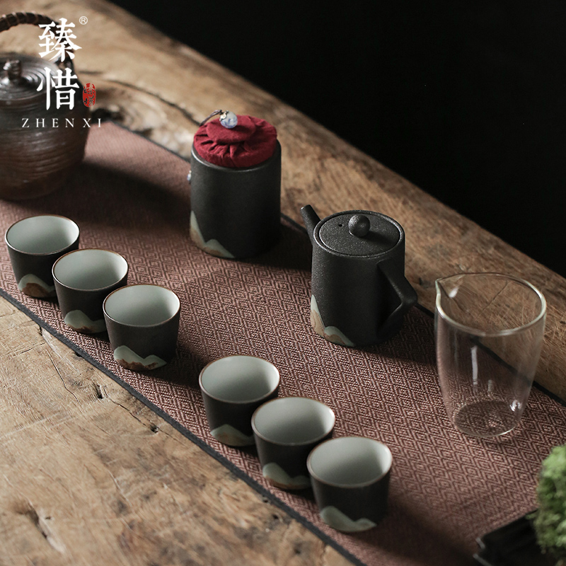 Become precious little creative mountains black ceramic kung fu tea set of household contracted dry tea tray size Japanese custom